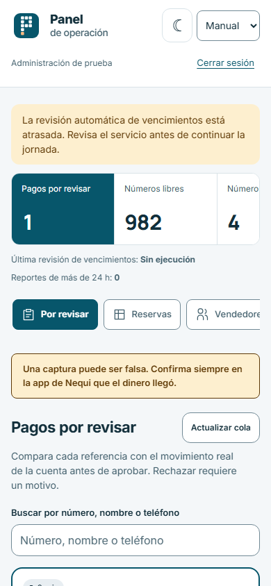 Panel de administración · revisión de pagos (claro, 390x844)