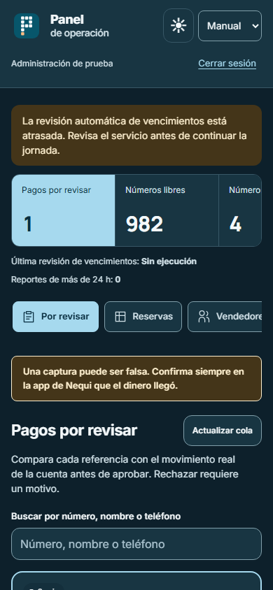 Panel de administración · revisión de pagos (oscuro, 390x844)