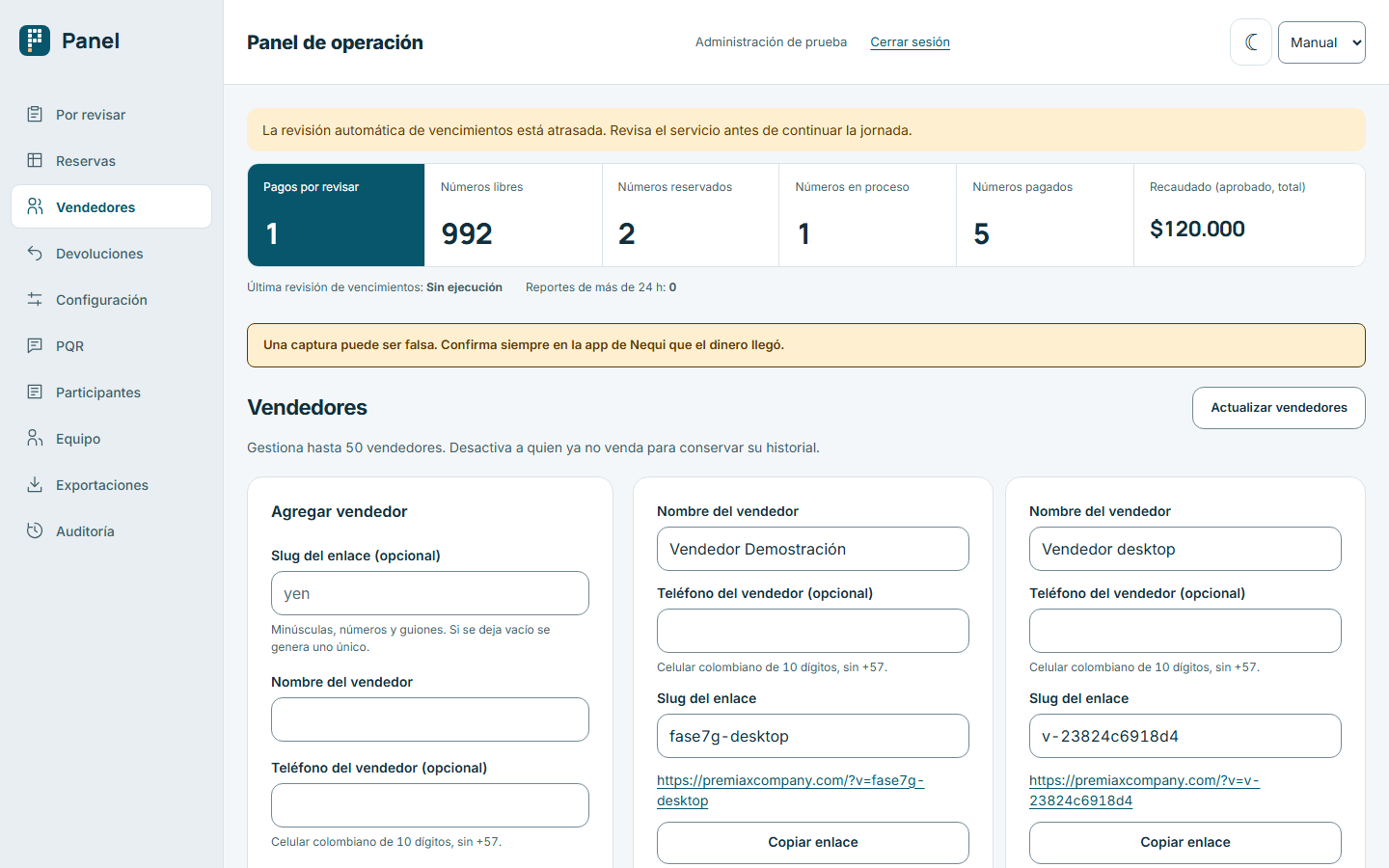 Panel de administración · vendedores (claro, 1440x900)